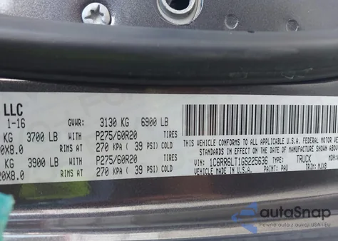 2016 Ram 1500 Lone Star z USA, uszkodzony, nr VIN 1C6RR6LT1GS225636